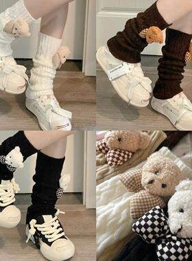Ruibbit小熊格纹蝴蝶结堆堆袜y2k少女棕色亚文化辣妹小众腿套秋冬