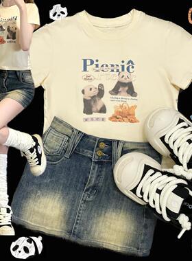 Ruibbit原创奶黄色熊猫印花复古美式休闲t恤女上衣短袖紧身正肩棉