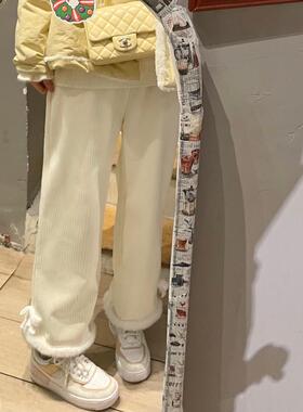 Ruibbit奶白色加绒毛边裤阔腿裤韩系温柔宽松显瘦女直筒秋冬日系