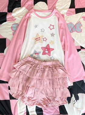 Ruibbit原创设计美乐蒂星星印花长袖粉色插肩袖t恤少女百搭宽松