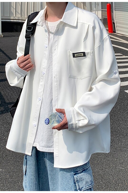 2025大码宽松长袖衬衫港风秋季男纯色休闲衬衣666P48控68,男装衬衫,电商A029A