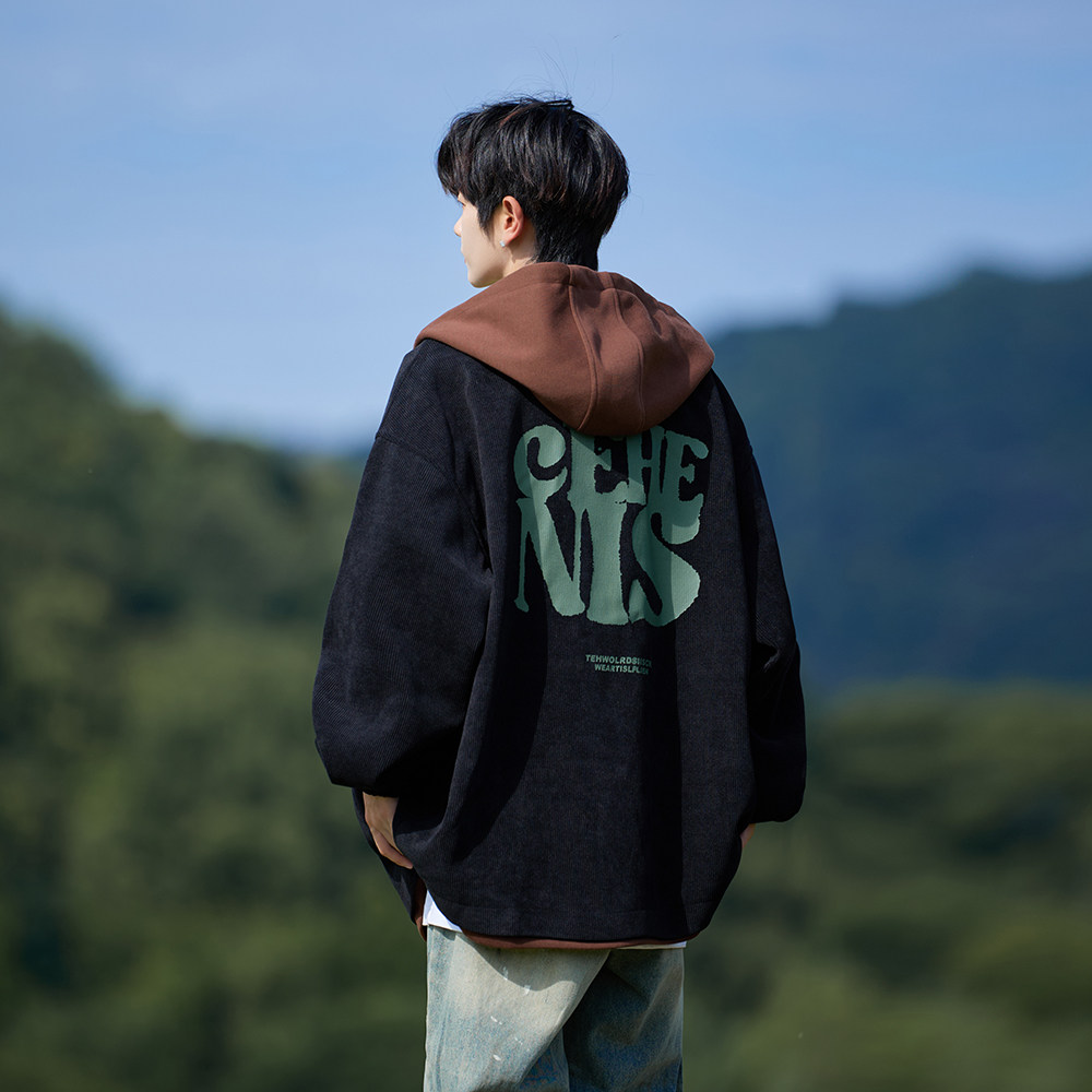 灯芯绒大码印花连帽外套假两件男休闲夹克相机外景6635P98控138,男装夹克,电商A029A