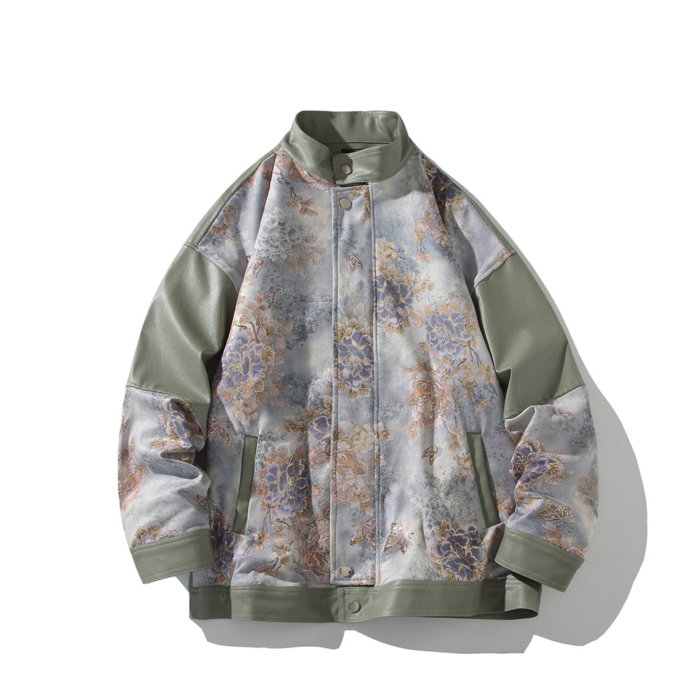 白底秋新款皮衣外套潮男休闲立领宽松机车花夹克6656P88控128，男装夹克，电商A029A