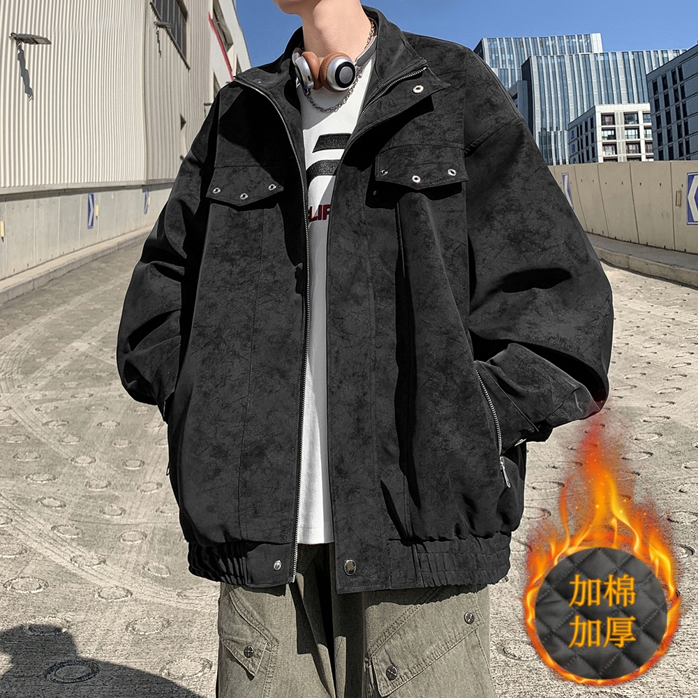 港风大码加棉加厚皮衣外套男纯色休闲立领夹克JM6651P100控158，男装夹克，电商A029A