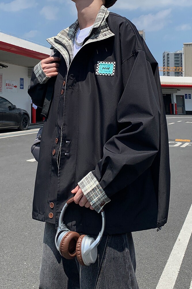 外景潮流秋款立领外套格子拼接男宽松休闲夹克6650P88控128,男装夹克,电商A029A