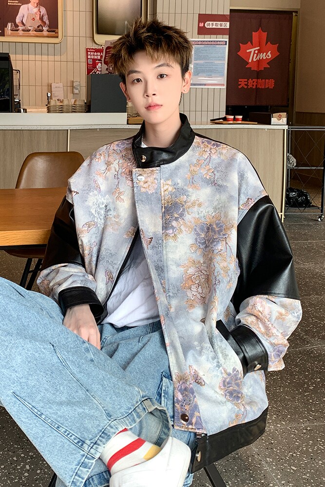 片2025秋款皮衣外套潮男日系宽松时尚花夹克6656P88控128,男装皮衣,电商A029A