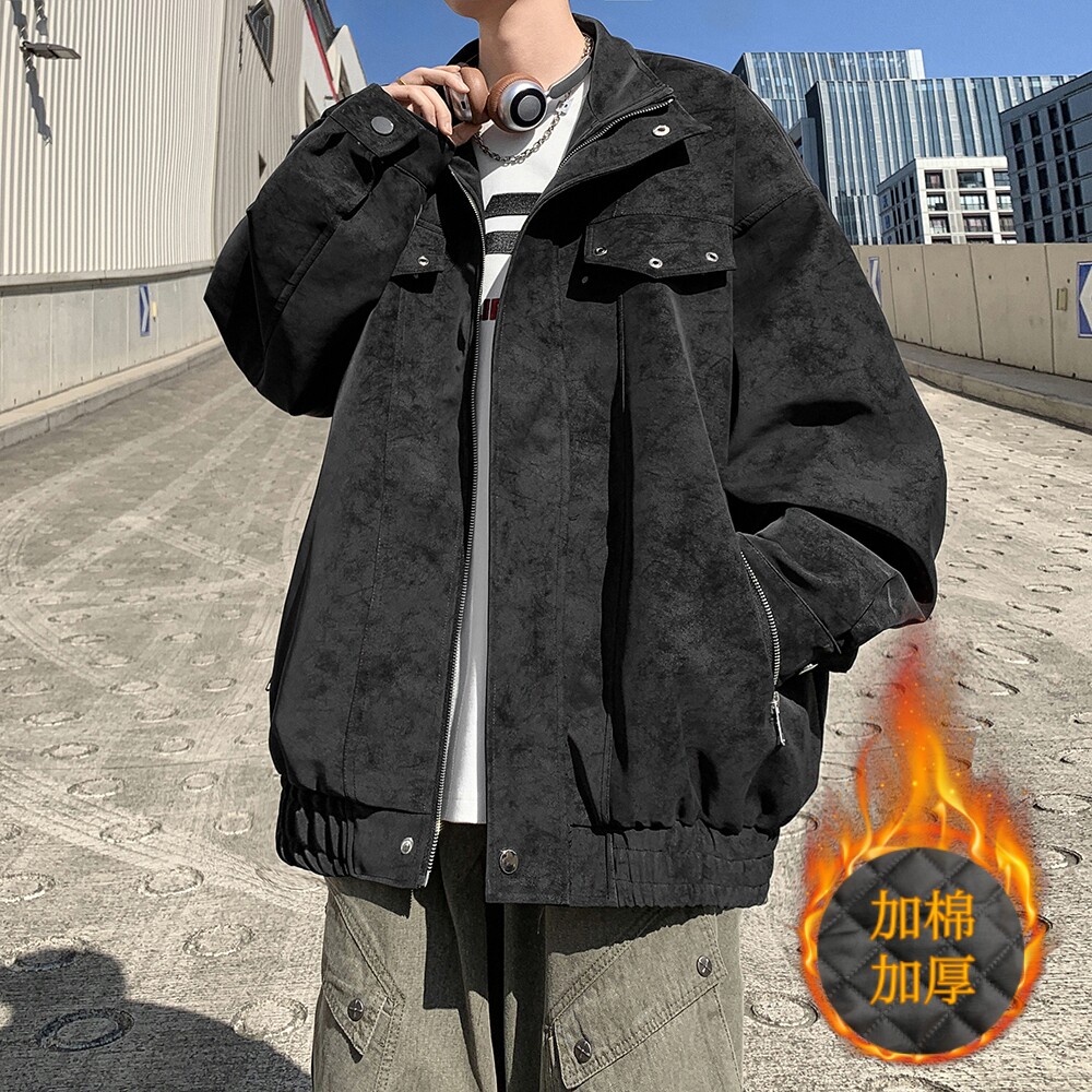 港风加棉加厚皮衣外套帅气男纯色宽松立领夹克JM6651P100控158,男装夹克,电商A029A