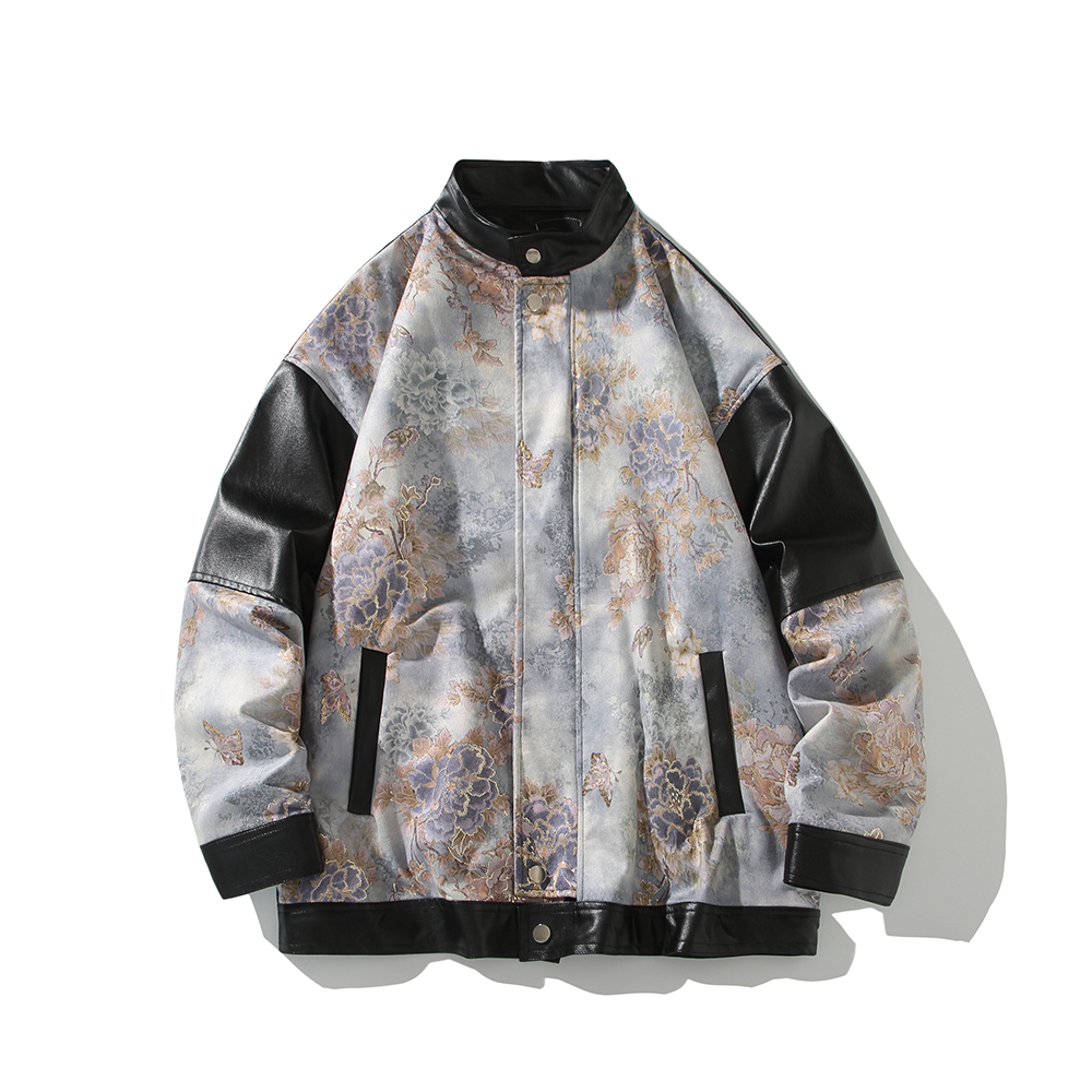 白底秋新款拼接皮衣外套男休闲时尚宽松机车夹克6656P88控128，男装皮衣，电商A029A