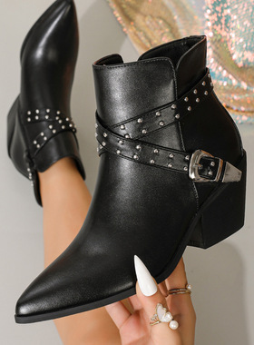 Women's with pointed toes thick heels riveted short boots