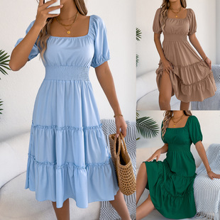 ladies dress 木耳边大摆连衣裙summer 实拍2026春夏欧美方领短袖