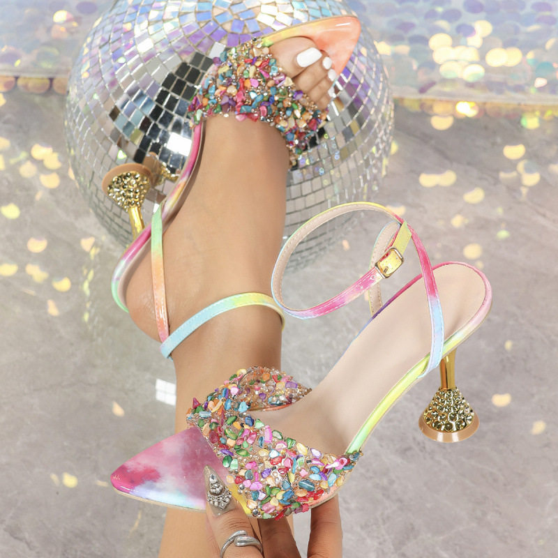 夏季新款彩色水钻露趾凉鞋女尖头细跟高跟凉鞋外穿 women sandals
