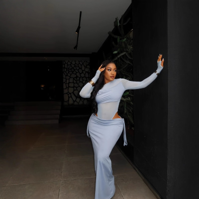 Women's 2026 long-sleeved sexy fitted half-length dress set