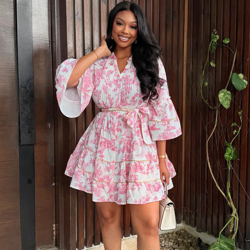 Women 2026 new V-neck printed flared sleeve dress 印花连衣裙