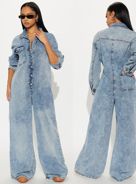 Women stretch long sleeved denim flared jumpsuit 牛仔连体裤