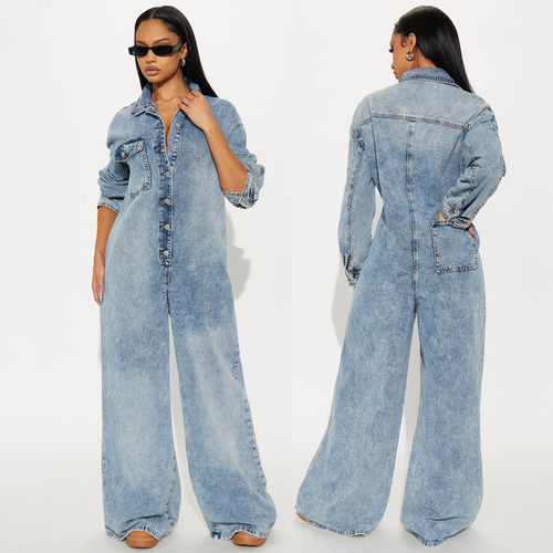 Women stretch long sleeved denim flared jumpsuit 牛仔连体裤