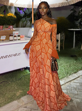 2026 Women's single shoulder collar diagonal printed dress