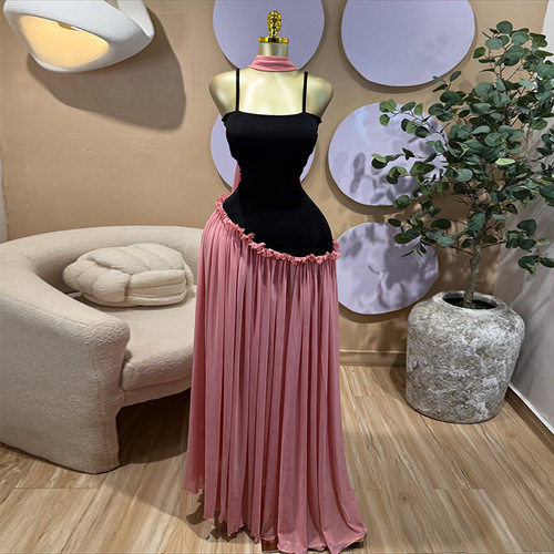 Women's 2026 new suspender patchwork sexy backless dress
