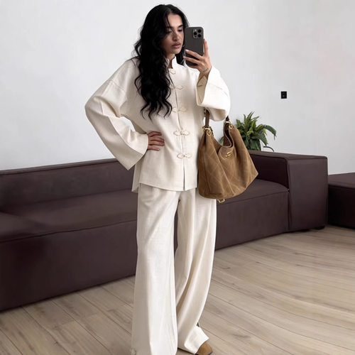 Women's Fashion New Chinese Top Wide Leg Pants Two Piece Set