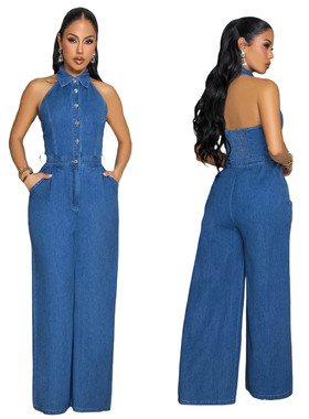 Women's fashion sexy backless lapel wide leg denim jumpsuit