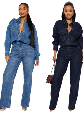 Fashion women's slim fit long sleeved denim jumpsuit 连体裤