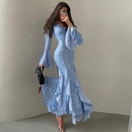 Women 2026 new fashion printed flared sleeve slim fit dress