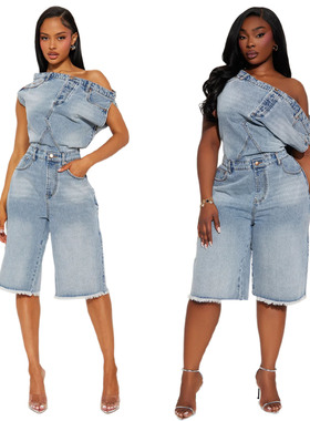 2026 Casual fashion strapless one shoulder denim jumpsuit