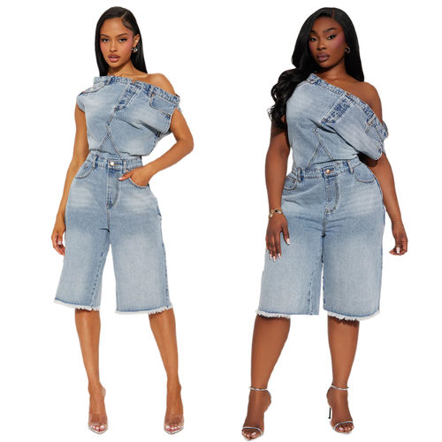 2026 Casual fashion strapless one shoulder denim jumpsuit