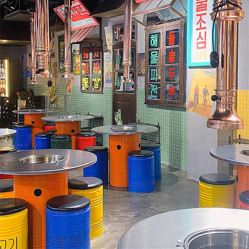 韩式不锈钢烤肉油桶桌网红烤肉店桌子商用日式火锅桌电碳烤一体桌