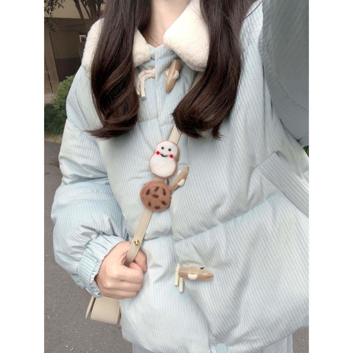 羊羔毛领棉服女秋冬季加厚宽松学生牛角扣短款小个子冬装棉衣外套