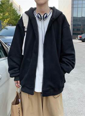 外套男ins潮流春秋冬季加绒保暖上衣服纯色百搭男生拉链连帽卫衣