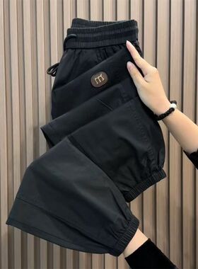 冰丝薄款裤子男夏季工装束脚休闲裤潮牌宽松青少年百搭黑色九分裤