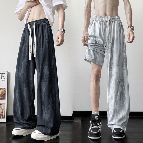 男裤子潮牌夏季宽松薄款痞帅阔腿裤ins潮流港风扎染冰丝休闲长裤