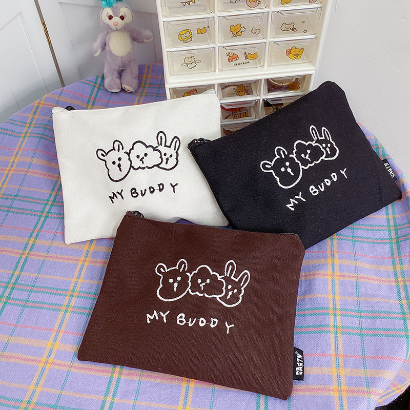 自制ins韩风治愈软萌兔兔插画帆布化妆包学生拉链笔袋收纳包女