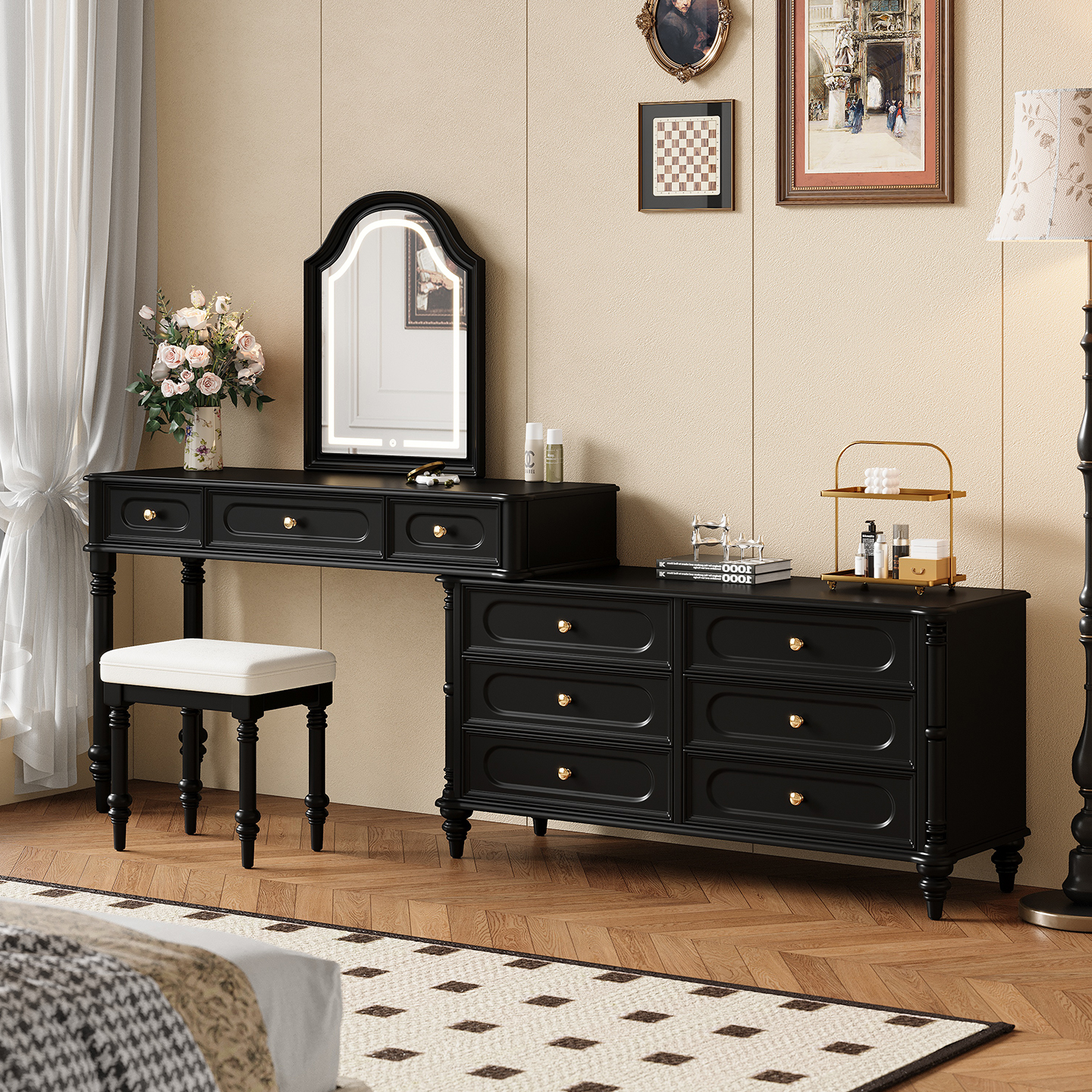 2025新款法式复古实木梳妆台斗柜一体卧室化妆桌轻奢高级感化妆台