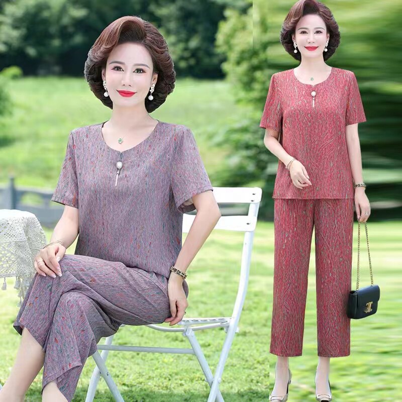 妈妈装夏款洋气短袖t恤套装中老年女显瘦气质时尚宽松两件套夏季