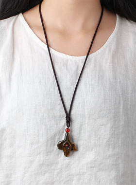 玉石项链兰花吊坠玛瑙石头毛衣链长款百搭棉麻配饰品男女饰品挂件