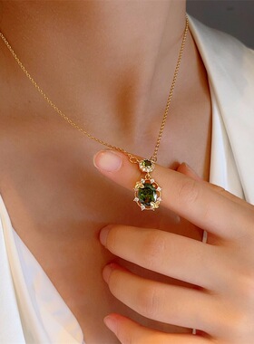 绿野仙踪～复古森系精致满钻超闪橄榄绿锆石项链高级感颈链配饰品