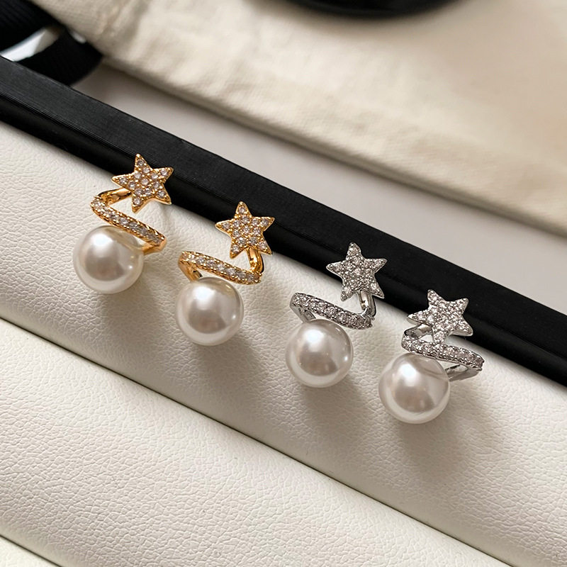 轻奢小众高级感微镶锆石五角星耳钉女S925纯银针施家珍珠吊坠耳环