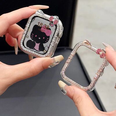 适用于苹果表壳iwatch10闪钻kt猫applewatchs9/8/8保护壳新款镶粉