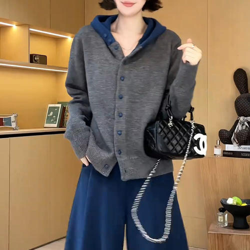 早秋时尚百搭休闲撞色连帽针织衫