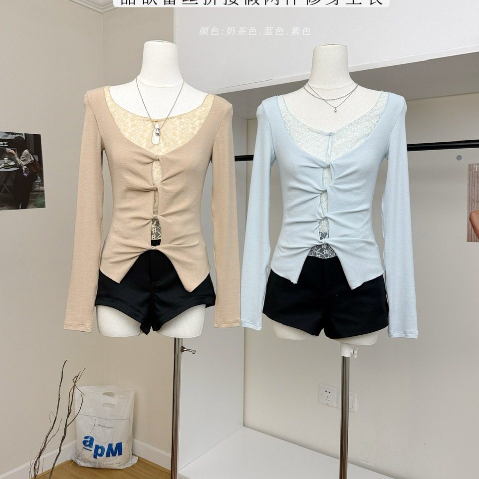 甜欲韩女蕾丝拼接假两件长袖体恤女收腰显瘦秋冬短款上衣打底衫女,女装/女士精品,T恤,淘宝优惠券,粉丝福利购,淘宝优惠卷
