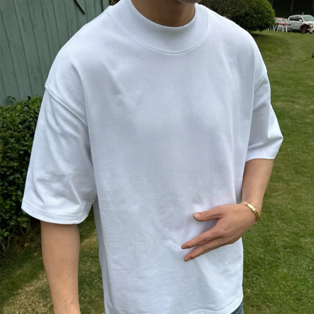 800g半高领三本针美式重磅小领口落肩袖短袖T恤男女宽松纯棉百搭T