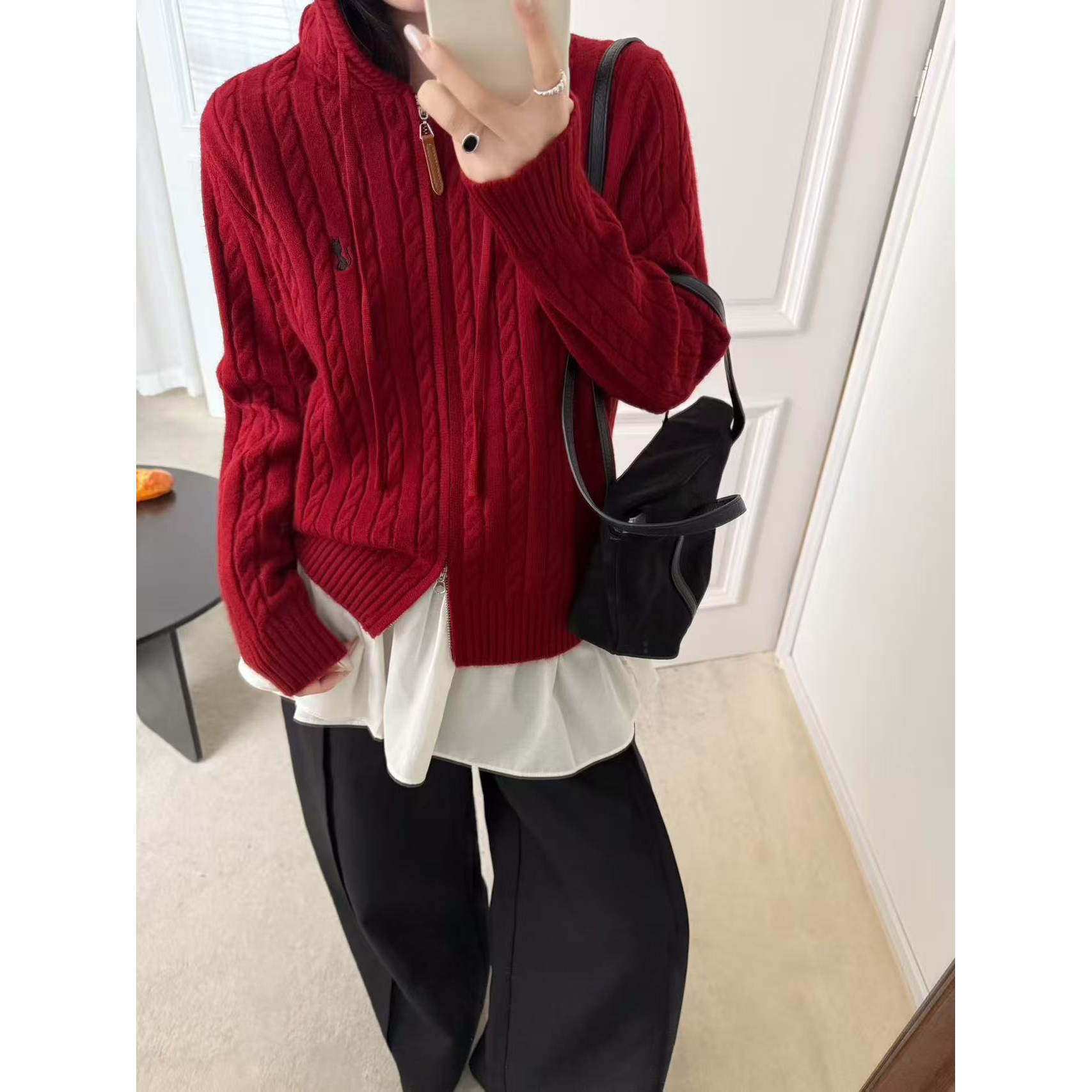 【思文Kiki】高定韩版麻花纹连帽开衫 F5-89662