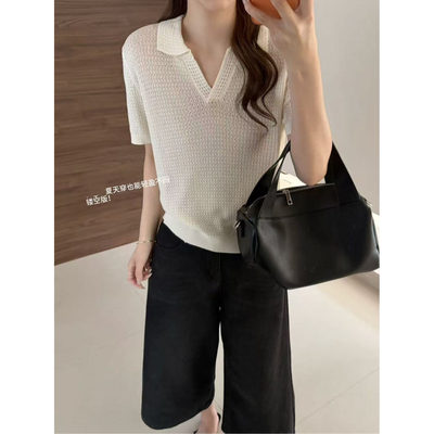 【思文Kiki】高端华夫格镂空Polo领针织 A10-71057