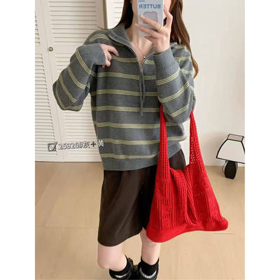 【思文Kiki】高定条纹半拉链针织衫 F3-25926