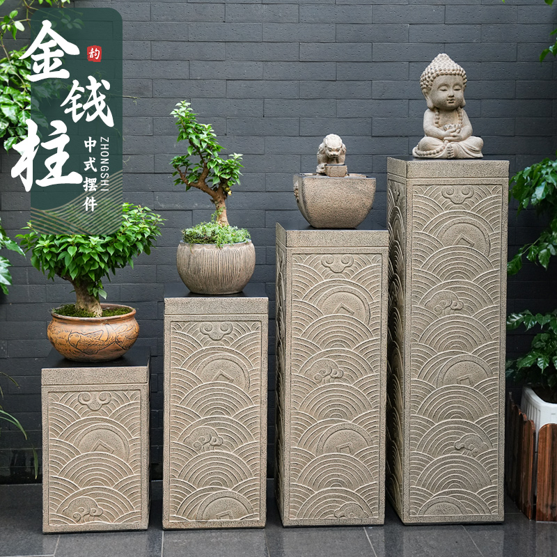 中式复古祥云金钱柱落地摆件