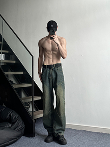 cleanfit复古蓝渐变弹力牛仔裤腰带男潮oversize美式高街裤子秋季