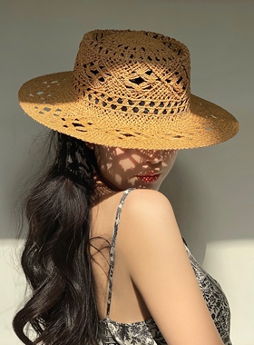 欧美风格春夏镂空编织手编巴拿马度假宽檐草帽防晒遮阳出游沙滩帽