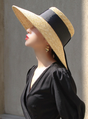 春夏新款出游欧美夏天赫本女大帽檐遮阳度假沙滩麦秆平顶礼帽草帽