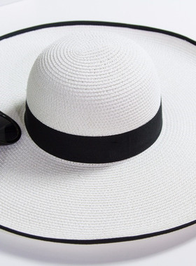 白色大檐帽草帽女夏防晒遮阳帽波浪边沙滩帽海边度假潮尚大沿帽潮